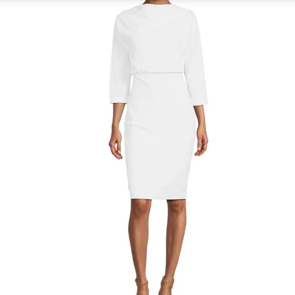 NWT Badgley Mischka Boat Neck 3/4 Sleeve Blouson Sheath Dress| White |Size L